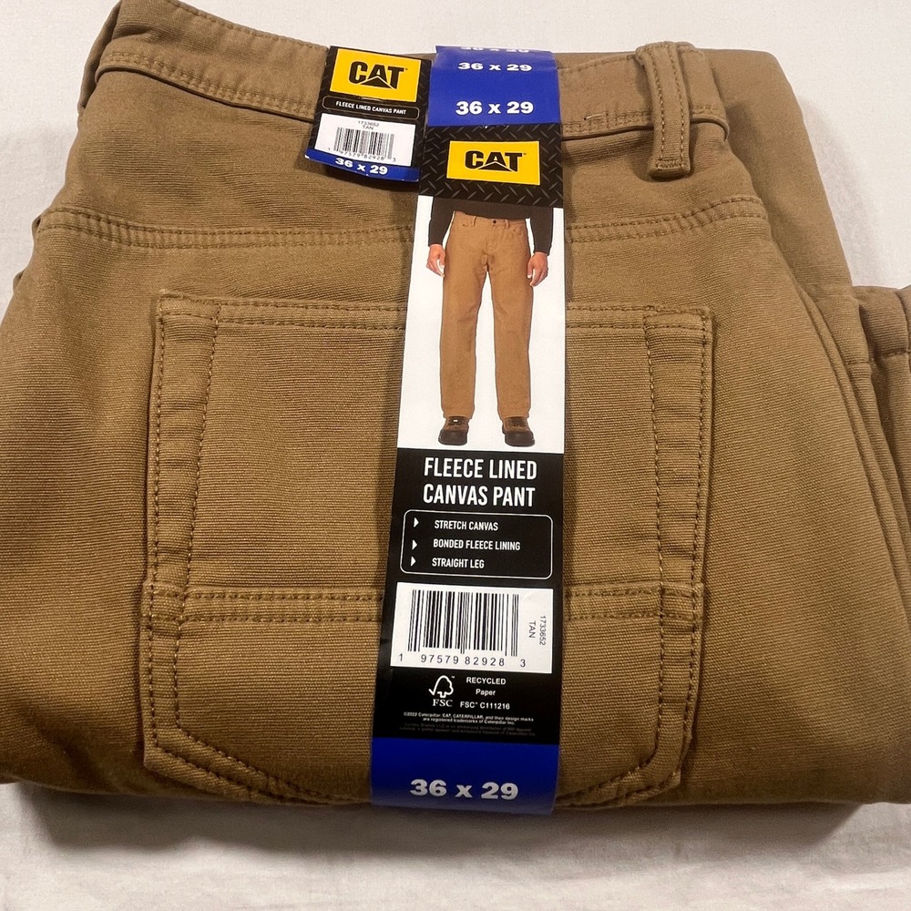 CAT Fleece Lined Canvas Pant Mens 36x29 Tan NEW Stretch Straight Leg New